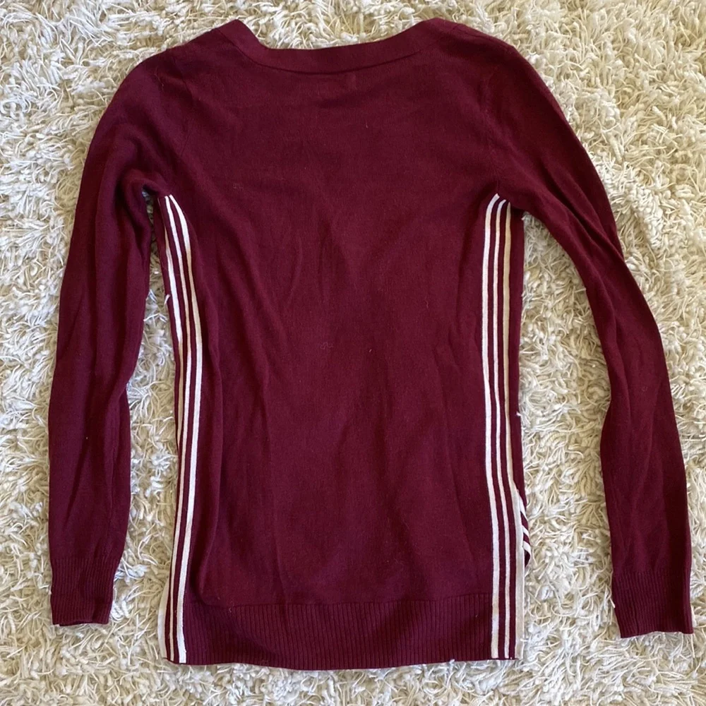 Varsity Striped Lightweight Soft Cardigan Sweater front pockets V-neck button up - Picture 2 of 11
